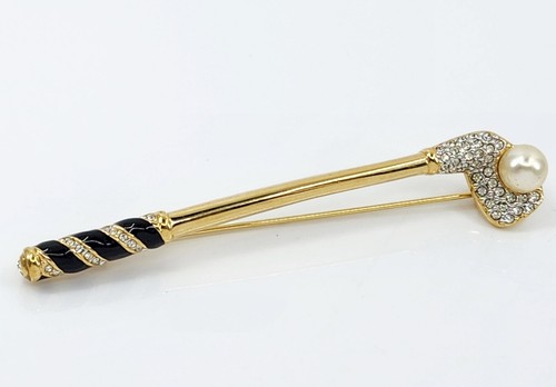 SWAROVSKI SWAN Signed RHINESTONE CRYSTAL & ENAMEL FAUX PEARL GOLF BROOCH ~ 3.5" - Picture 3 of 13