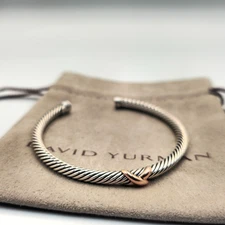 David Yurman Sterling Silver & 18k Rose Gold X Station 4mm Cuff Bangle Bracelet