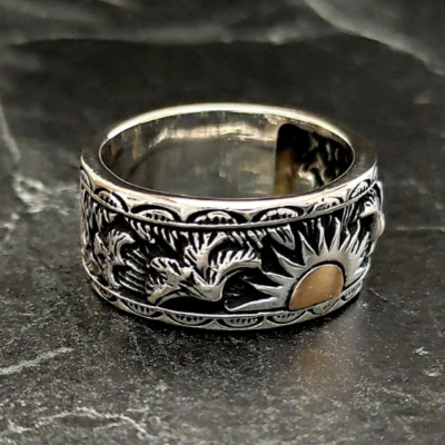 925K Silver Celestial Sun Unique Signet Ring , Silver Dainty Sunrise Ring , Life