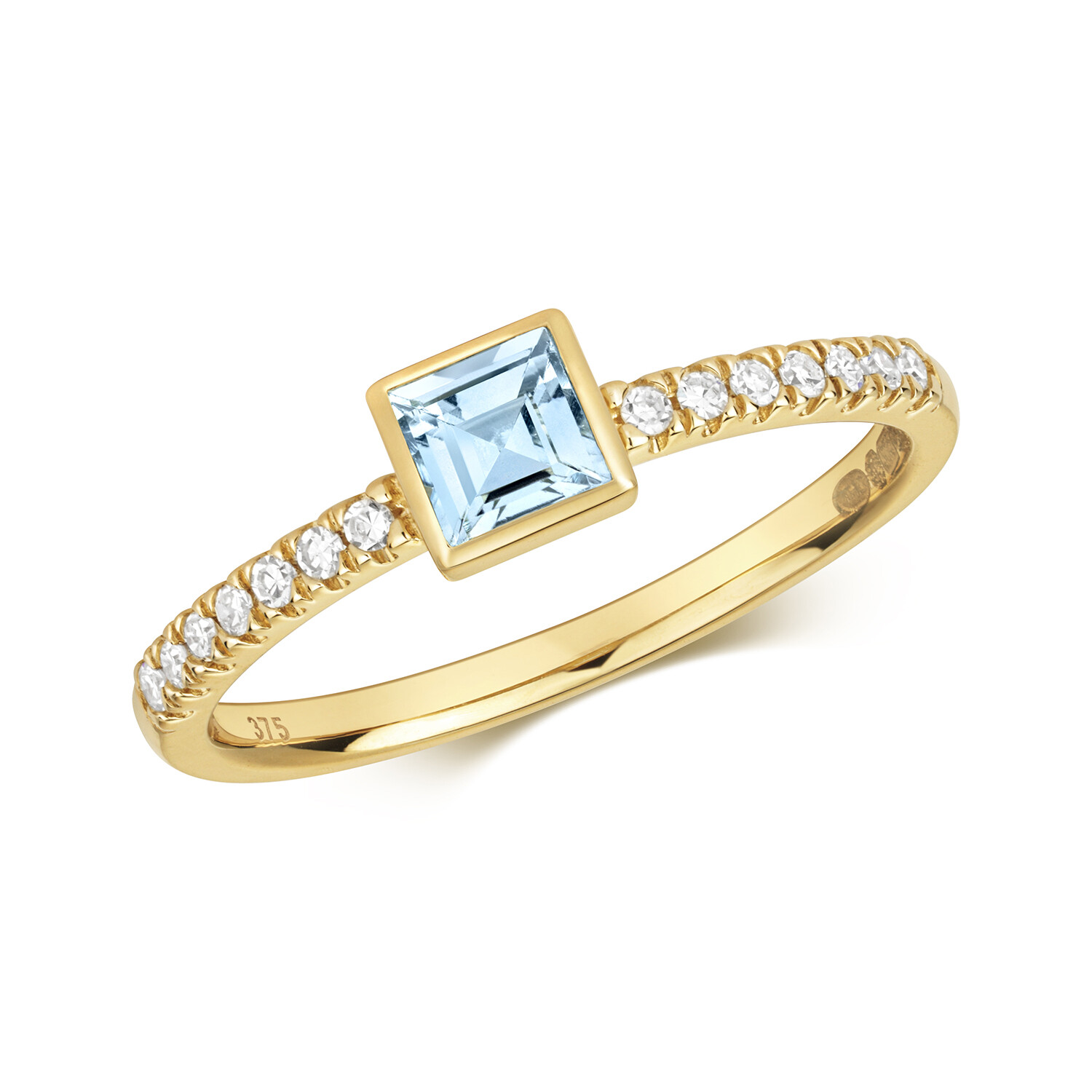 Bague Solitaire Femme Or Jaune 9k Diamant 0.10 Carat Aquamarine Véritable T54