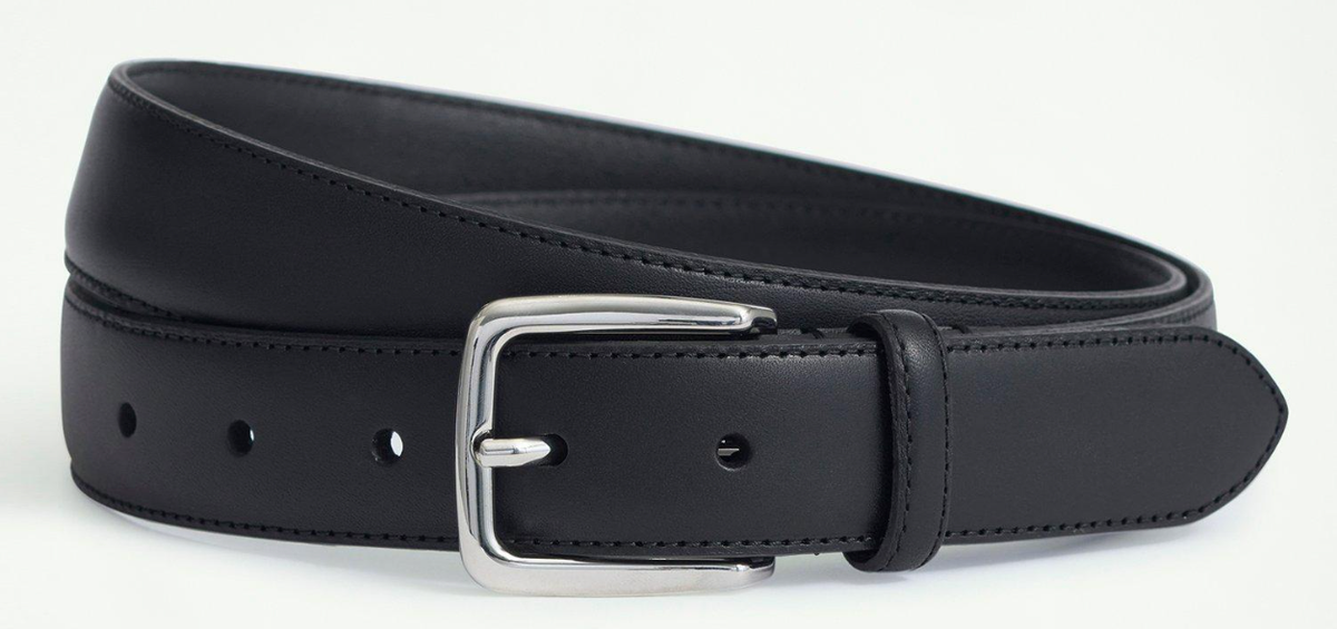 BROOKS BROTHERS Stitched BLACK Italian Leather Mens Belt 34 SILVER