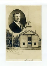 Haverhill MA Mass 1907 RPPC photo postcard, portrait minister, Baptist Church