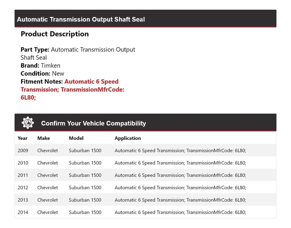 For 2009-2014 Chevrolet Suburban 1500 Auto Trans Output Shaft Seal Timken 2010 - Image 2 of 4