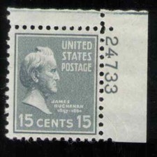 US. 820. 15c. James Buchanan, Presidential. Single Pl# 24733 UR. MNH. 1938