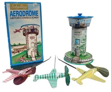Schylling Odd Tin Wind Up Toy Aerodrome Airport Control Tower Airplane w/Box VTG