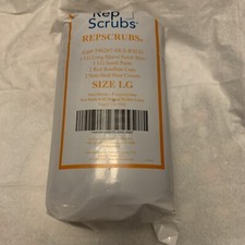 Rep Scrubs L Scrubs Pants, Shirt. 2 Red Bouffant Cap, 2 Non- Skid Shoe Covers