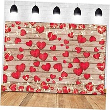 Vintage Rustic Wood Glitter Glow Red Love Heart Valentine's Day Theme 7x5 FT