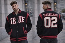 True Religion Men's Varsity Jacket Black Red Logo Embroidered Button Size M