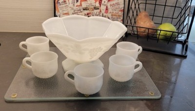 Vintage Anchor Hocking ''Harvest Grape'' Milk Glass Punch Bowl & 5 Cups