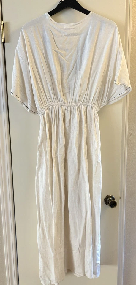 Maxi Vestido Caftán World Market Para Mujer L/XL Crema Bordado Boho Lino Borla Foto 3 de 4