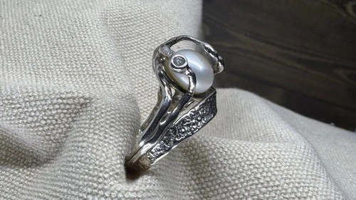 Vintage 925 silver Pearl Ring Organic Modernist Design Swan Hallmark