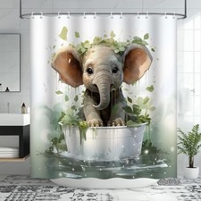 Cute Elephant Funny Animal Watercolor Green Leaves Shower Curtain 70x70