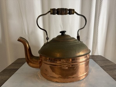 Vintage Rome Large Copper Tea Kettle Brass Accents with Wooden Handle, Knob(352)