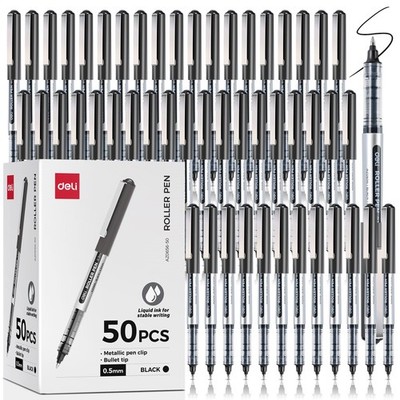 Rollerball Pens 0.5mm Black Ink Fine Point Quick Dry Liquid Ink 50 Pack
