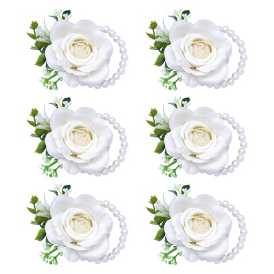 Ivory Rose Wrist Corsage Wristlet Band Bracelet for Women Set of 6 Wedding Br...