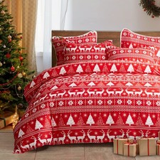 Christmas Duvet Cover Set Queen Size with Red White Snowflake and Deers Chris...