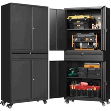 Metal Garage Storage Cabinet with Wheels,Rolling Cabinet with 4 Doors for Home