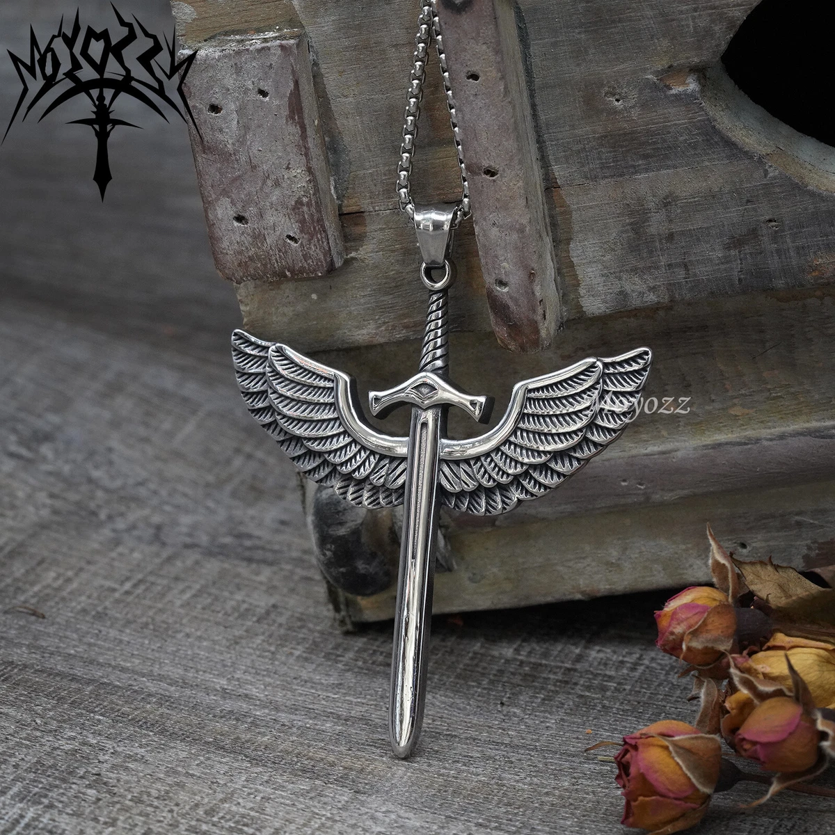 Mens Archangel Michael Angel Wing Sword Necklace Pendant Stainless