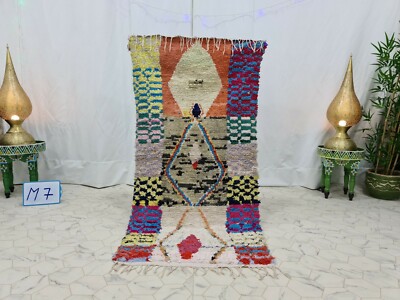 Moroccan Handmade Vintage Rug 2'8''x5'7'' Berber Geometric Multicolor Cotton Rug