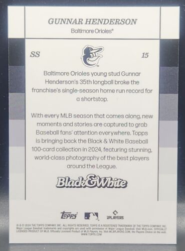 2024 Topps Black and White Gunnar Henderson Green Parallel #/99 Orioles #15 - Picture 2 of 2