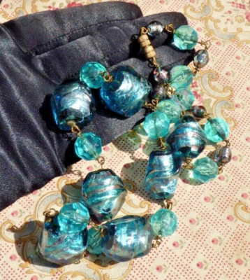 Collier Vintage Boules De Verre Bleu – Style Murano – Occasion