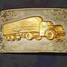 VINTAGE NICKEL SILVER SEMI TRUCK TRACTOR TRAILER RECTANGULAR BELT BUCKLE my 2539