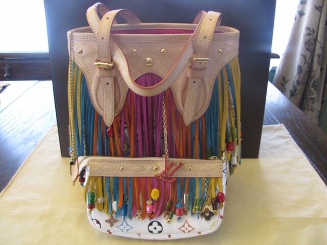 LOUIS VUITTON WHITE MULTI-COLOR FRINGE BUCKET WITH MATCHING POUCHETTE BAG