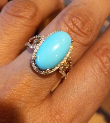 Orianne 14k Gold Halo Oval Turquoise 54 Diamonds Halo Ring Size 7.5 