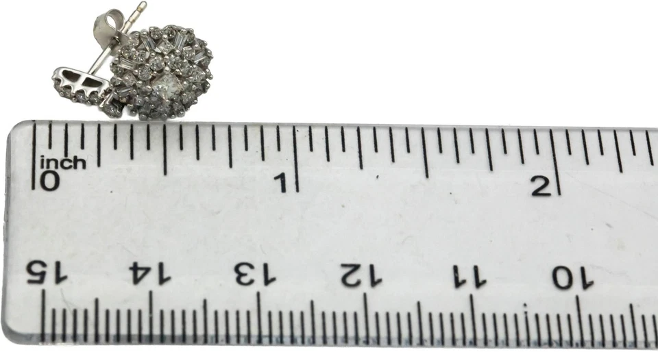 10k White Gold 1.0CT Princess Round Baguette Cluster Dangle Starburst Earrings - Image 2 of 4