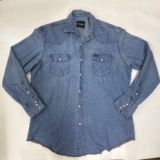 Vintage 90s Wrangler Denim Pearl Snap Shirt Fits Like Large Rodeo Cowboy Western