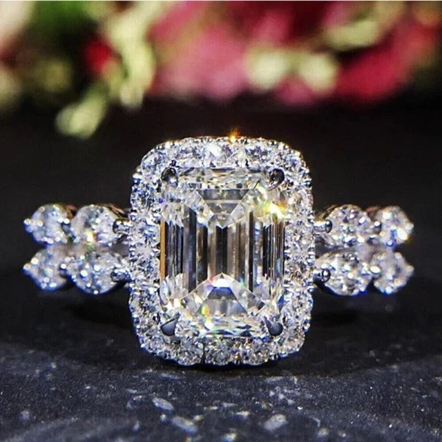 D/VVS1 Moissanite Halo Engagement Ring 4.50 Ct Emerald Cut 925 Sterling Silver