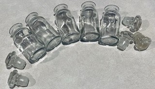 MCM SET OF 5 ATOMIC STARBURST GLASS APOTHECARY SPICE BOTTLES WITH STOPPERS 4”