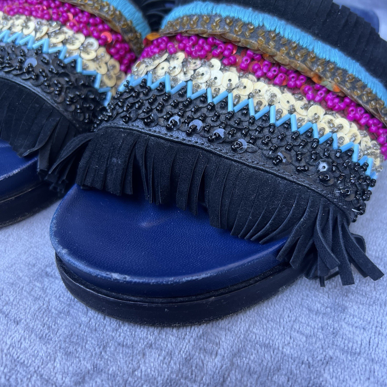 Tory Burch Isle Slides Women 8.5 Slip On Shoes Beaded Fringe Sequin Sandals thumbnail 3