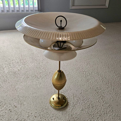 Brass Finish Pendant Ceiling Light, White Glass Round Shade, Pull Chain