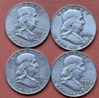 4 Lot Silver Franklin Half Dollars 1963D, (3) 1958D