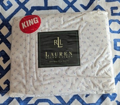 Ralph Lauren American Summer King Flat Sheet Nautical Beige Red Blue 100% Cotton