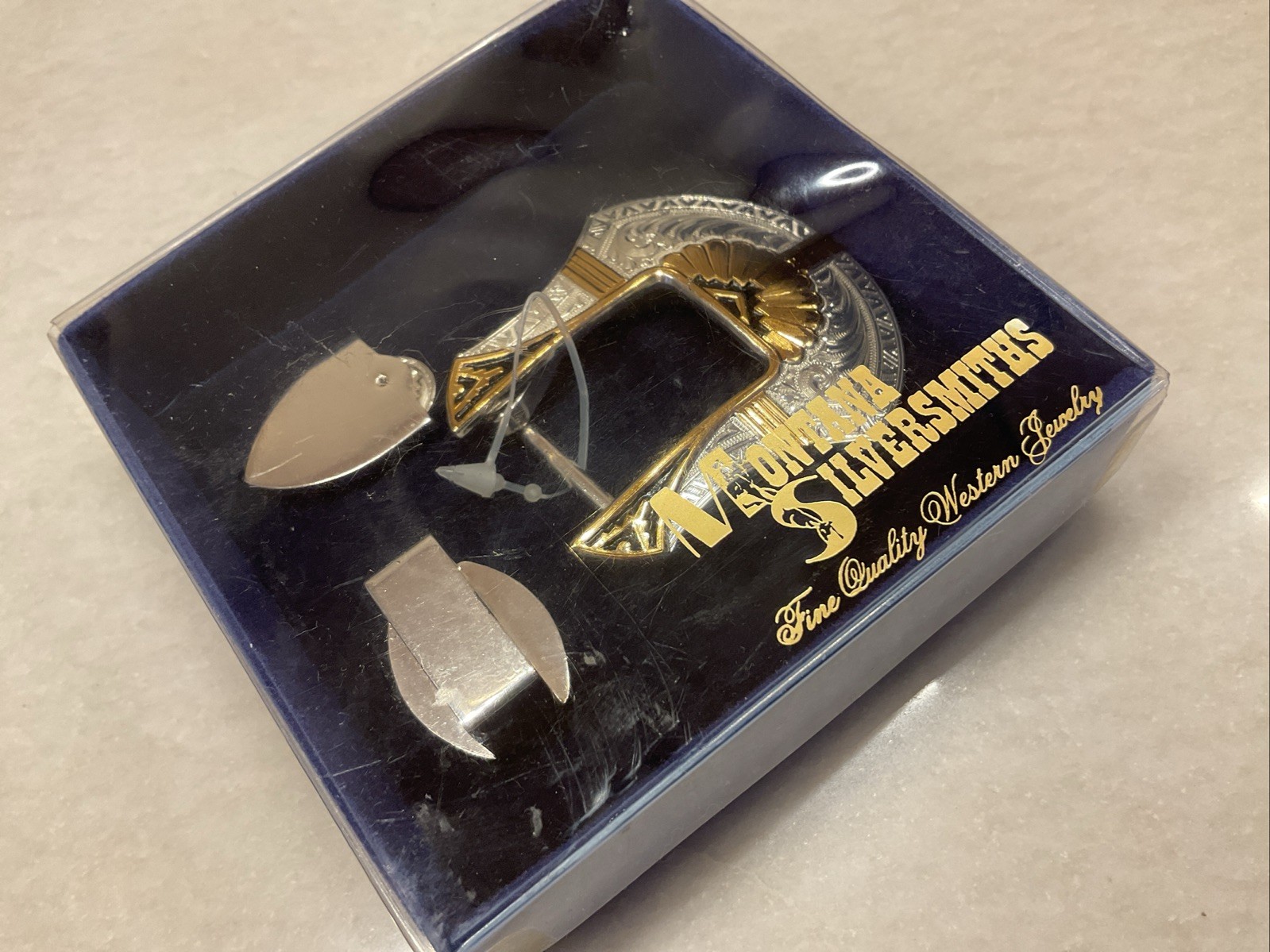 Montana Silversmith Belt Buckle 3 Piece Set Silverplate Western Aztec Art Deco