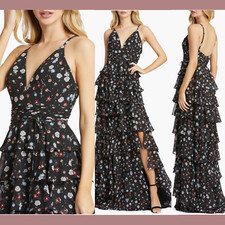 NEW IEENA FOR MAC DUGGAL [ 2 ] Floral Tiered Ruffle Sleeveless Gown Black Q579