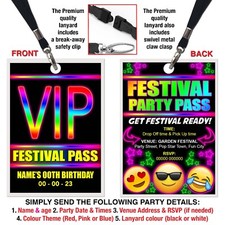 FESTIVAL THEME LANYARD VIP PASS, Emoji, Birthday Party Invitation, Personalised