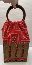 Vintage Wood Red Bandana Purse with Plastic Ring Handles 1960's 1970's - EUC