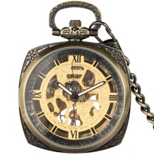 Bronze Vintage Style Mechanical Hand Winding Pocket Watch with Chain Open Face