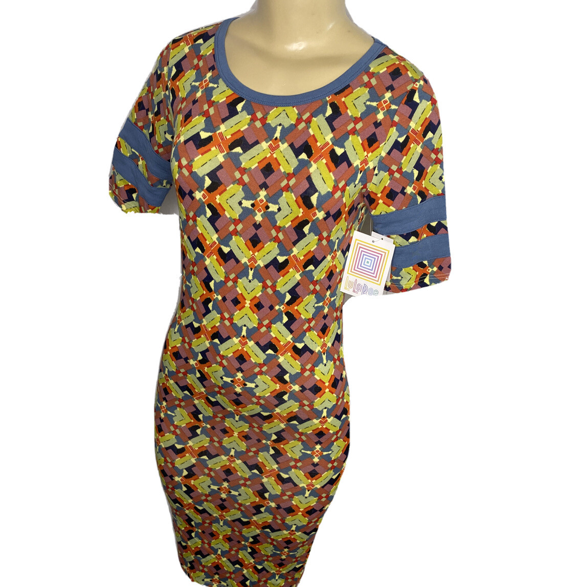 Lularoe Julia Dress Women XS Multicolor Print Short Sleeve Boat Neck Midi NWT