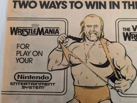 Pubblicit&agrave; WWF WrestleMania Hulk Hogan 1988 - Gioco Nintendo NES e VCR 6,5x5" laminato