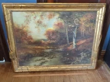 HUGE ANTIQUE FOREST RIVER SCENE OIL PAINTING GOLD FRAMED M. ALLISTER VTG RARE