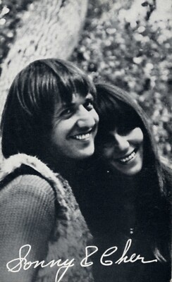 Smiling Sonny Bono in Fur Vest & Cher Vintage  Arcade Card Postcard Size