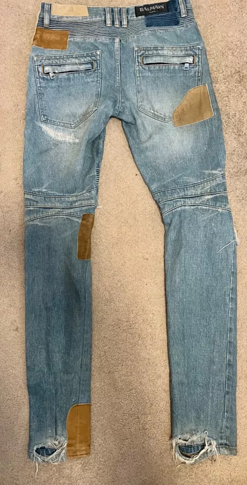 100% Authentic BALMAIN JEANS BIKER DISTRESSED PATCHWORK DENIM Size 29 Men - Image 2 of 4
