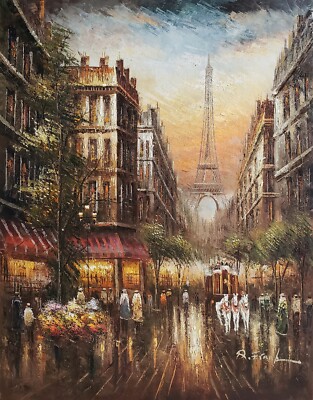 Classic Eiffel Tower Street #4H-B2,  48x36, Hand painted Oil Painting on Canvas
