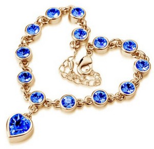 Authentic Gold-plated Blue Crystal Heart Women Charm Lady Bracelet