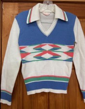 Vintage Virgin Acrylic A Fashion Import 1970s Sweater Argyle Blue Green Coral S