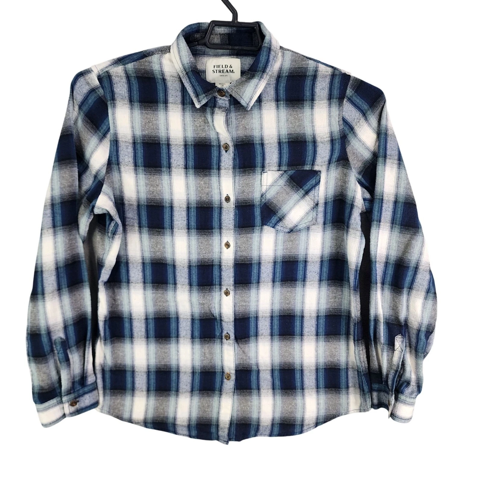 Mens Blue White Plaid Field & Stream Shirt Button Down Long Sleeve Size L